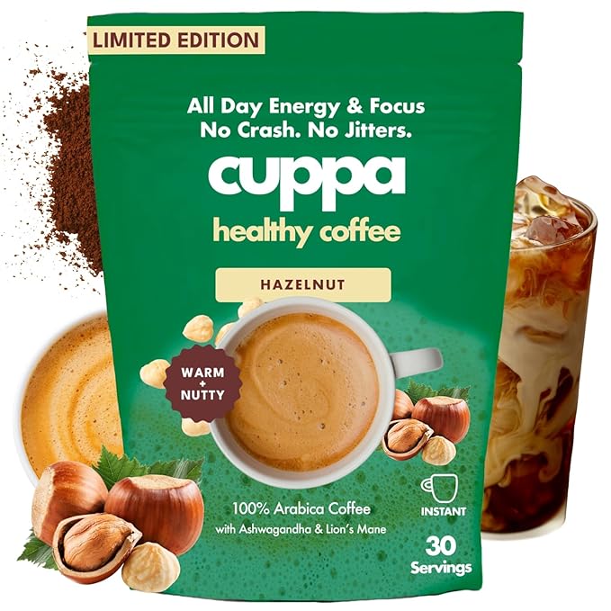 Cuppa Hazelnut Mushroom Coffee with Adaptogens & Superfoods - Lion’s Mane, Ashwagandha & Cordyceps. Adaptogens + MCT to support natural energy, mental focus & gut health (30 Servings)