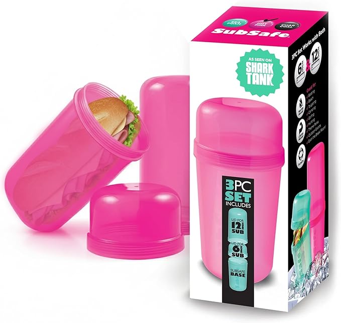 SubSafe 3-Piece Sub Sandwich Container, Hot Pink - As Seen on Shark Tank - Waterproof, Crushproof, BPA-Free Food Storage that Floats - Fits 6 & 12 in Subs - Great for Travel, Beach, Camping