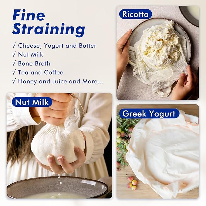 8 PCS Reusable Cheesecloth, Grade 100, 20x20 Inch Hemmed Cheese Cloth for Straining Craft, 100% Cotton Unbleached Cloth Strainer for Cooking, Baking, Juicing, Cheese Making