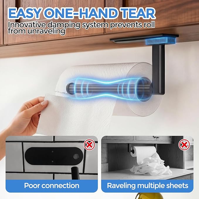 zaa Paper Towel Holder Under Cabinet - Self Adhesive or Drilling Paper Towel Holder Wall Mount, One Hand Tear Black Towel Holder for Kitchen Organization, Bathroom, Sink, Pantry, Fridge, RV