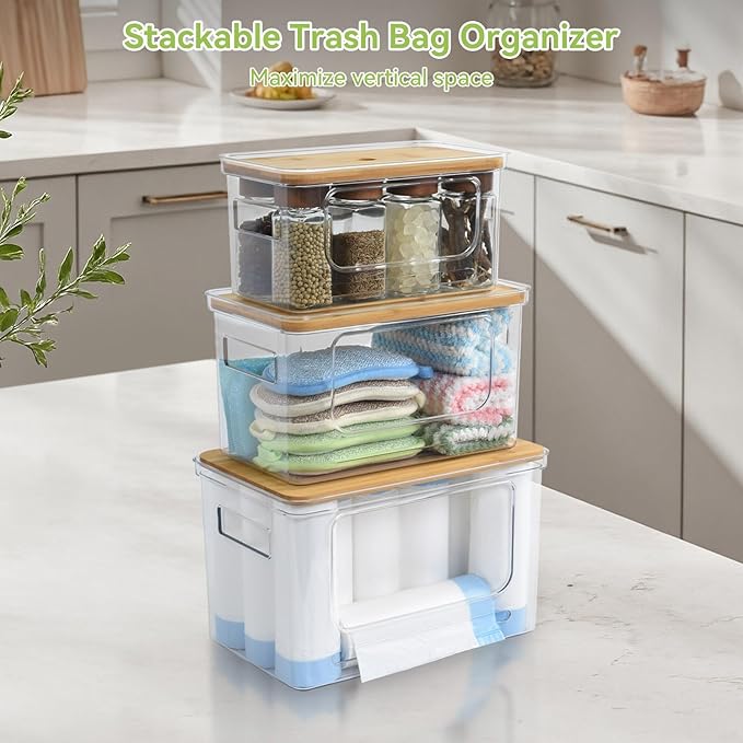 OTraki 3 Pack Trash Bag Holder Dispenser with Lid Plastic Garbage Bag Dispenser Stackable & Wall-mounted, Trash Bags Organizer Under Sink for Kitchen, Pantry Cabinet Organizer and Storage