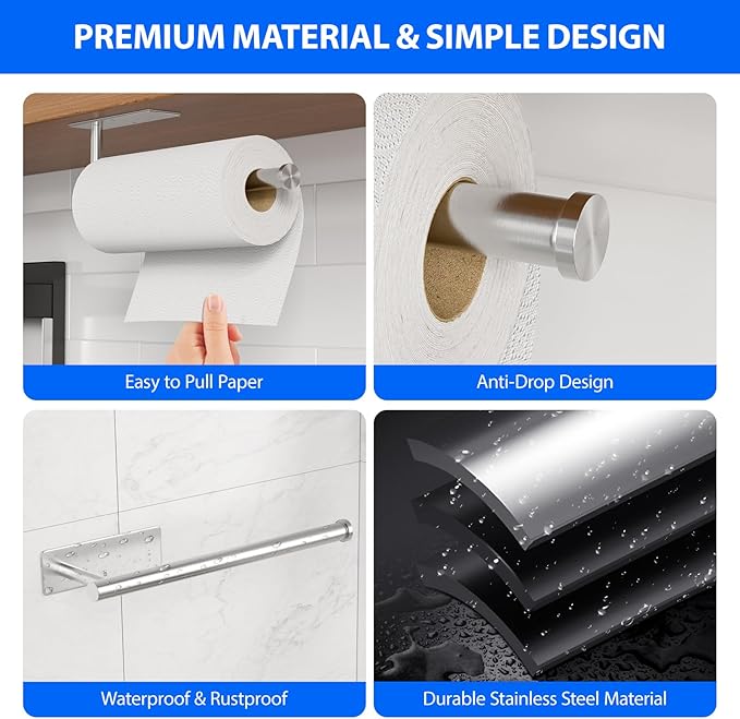 Paper Towel Holder Under Cabinet, Self-Adhesive,No Drilling, Stainless Steel, Wall-Mounted for Kitchen and Bathroom, Easy Install, Durable, Space-Saving, Ideal for Home, RV (Sliver, 2 Pack)