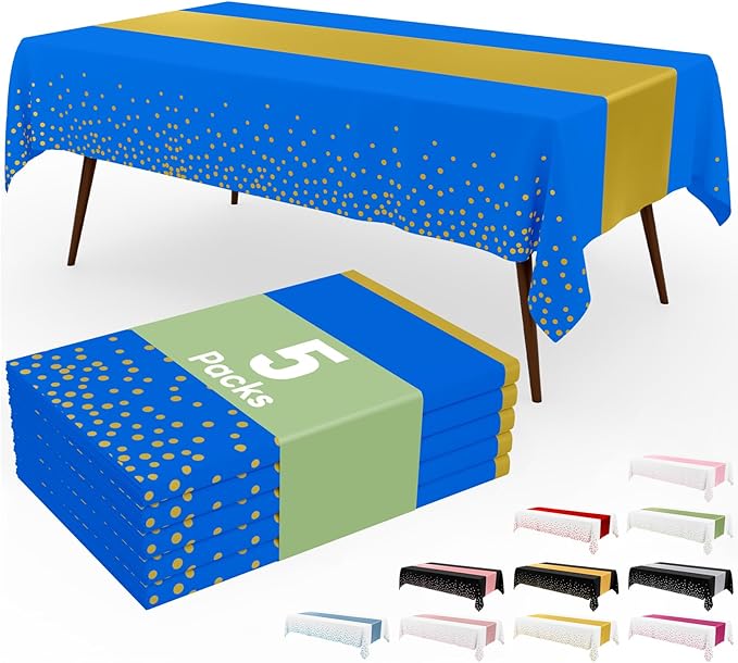 Smiry Plastic Table Cloth Disposable 5 Pack, 54 x 108 Inch Rectangle Waterproof Tablecloth, Printed Gold Table Runner Style for Birthday Weeding, Party Decorations, Leakproof & Sturdy, Blue and Gold