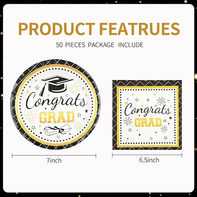 50PCS Graduation Plates Party Supplies, 7INCH Black and Gold Paper Plates and Napkins 2026 Graduations Party Decorations Disposable Tableware for College High School Congrats Grad Party Supplies