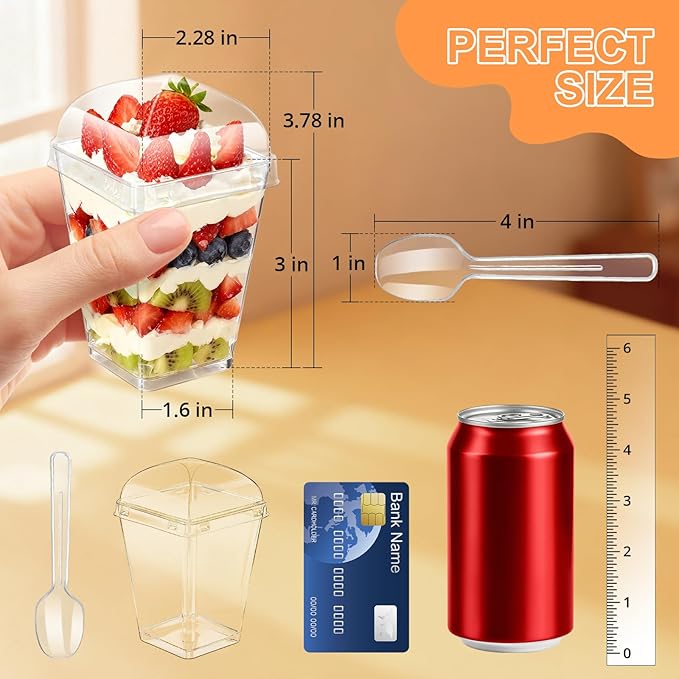 5oz Plastic Dessert Cups with Lids and Spoons, Clear Small Yogurt Parfait Cups with Lids, Mini Dessert Shooter Cups with Spoons, Square Appetizer Cups for Party Fruit Pudding Trifle Ice Cream 20 Pack