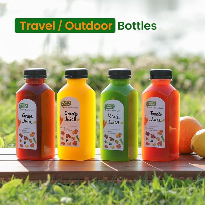 12 Pack, 12 OZ Reusable Plastic Juice Bottles with Caps, Plus 12 Labels & 2 Silicone Funnels - Clear Juicing Bottles for Juice, Smoothies, Ginger, Tea, Coffee - Food Grade & Leakproof Travel Bottles