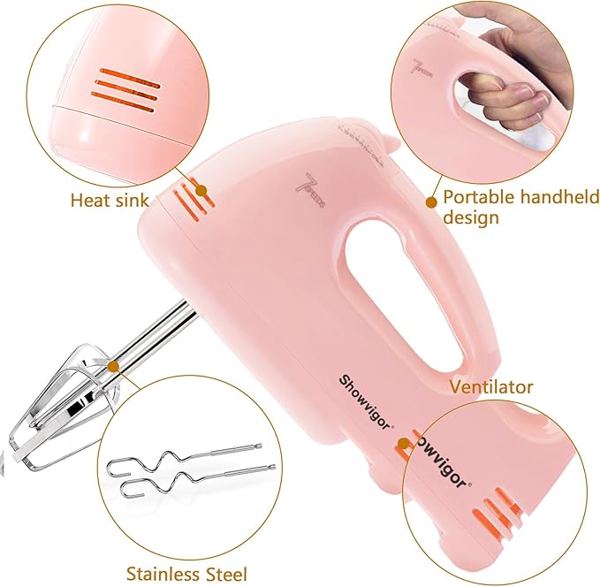 Handmixer Electric Handheld - 7 Speed Portable Kitchen Mixer Electric with 5 Stainless Steel Accessories Whisk, Food Beater for Whipping Mixing Cookies Cakes Eggs, Pink