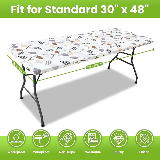 Smiry Spandex Fitted Tablecloth for 4 Foot Rectangle Tables, Washable Picnic Table Cover with Elastic, Stretch Reusable Table Cloth for Outdoor, Camping, Dining & Kitchen (Leaves, 30"x48")