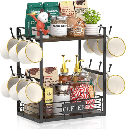 EsLuker.ly Coffee Mug Cup Holder Tree Bar Station Organizer, 2 Tier Mug Stand Rack for Countertop Kitchen, Storage Tower Display Shelf with 12 Hooks, Coffee Nook Enhancer, Brown-Black