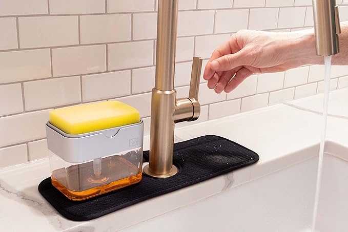 S&T INC. Microfiber Kitchen Faucet Sink Mat Drip and Splash Catcher with Snap Fastener, Absorbent and Reversible, 15 Inch x 5.5 Inch, Black
