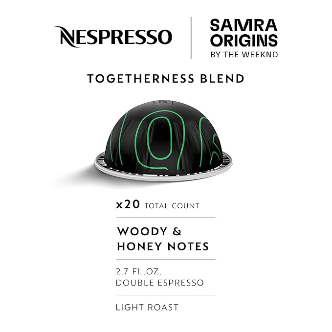 Nespresso I Samra Origins by The Weeknd Vertuo Togetherness Blend, Double Espresso, Light Roast, 20-Count Coffee Pods, Brews 2.7 fl. Oz.