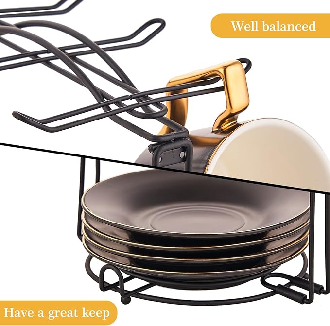 Tea Cup Holder, Coffee Cups and Saucers Display Stand, Metal Foldable Storage Rack for Espresso and Cappuccino Cup - Black