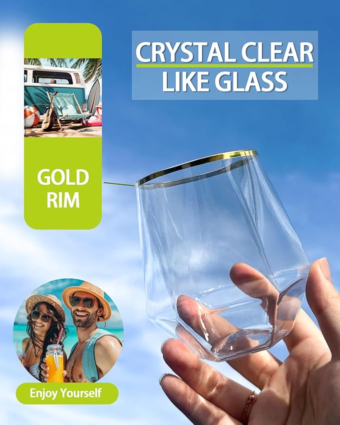 Maaacute 40 Pcak Plastic Stemless Wine cocktail Whiskey Champagne Glasses, 12 Oz Gold Rim Disposable Clear Unbreakable Cups for Party Bars Wedding Tasting (Diamond-shaped)