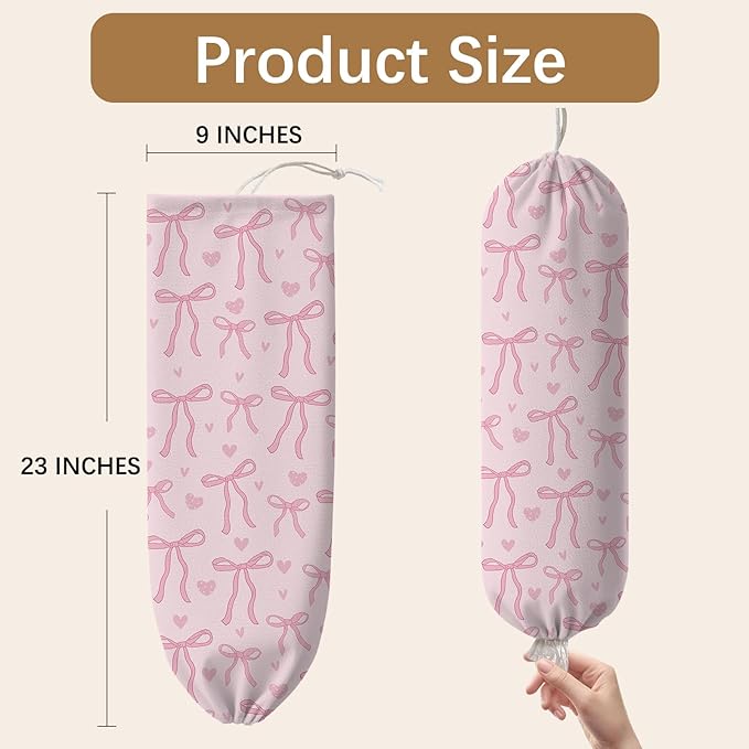 Pink Bow Plastic Bag Holder Dispenser, Plastic Grocery Bag Organizer & Wall Mount Paper Trash Bags Saver Storage for Kitchen Home Pantry Decor, Pink Bow Kitchen Decor Shopping Bags Storage Dispenser