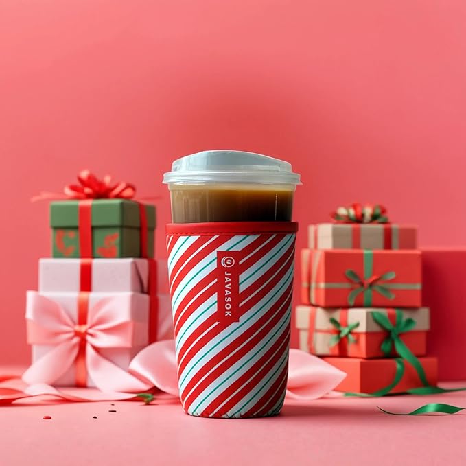 Sok It JavaSok Iced Coffee & Cold Soda Insulated Neoprene Cup Sleeve (Candy Cane Stripes, Medium: 22-28oz)