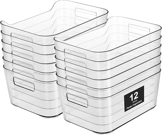 12 Pack Plastic Storage Bins, Clear Pantry Organizers and Storage, Multi-Use Organizer Bins for Kitchen, Office, Fridge, Cabinet and Shelf Organization