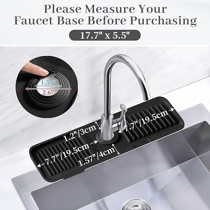 PoYang 17.7 Inch Faucet Mat for Kitchen Sink Splash Guard Behind Faucet, Sink Protectors for Kitchen Sink Faucet Mat Splash Guard for Kitchen Sink Area, Long Silicone Faucet Guard Draining Mat, Black
