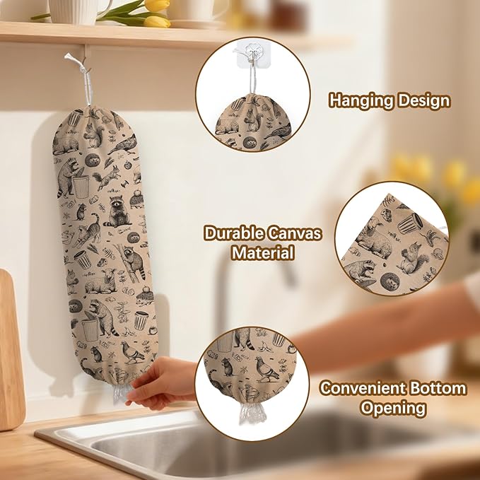 Plastic Bag Holder Dispenser, Plastic Grocery Bag Organizer & Wall Mount Paper Trash Bags Saver Storage for Kitchen Home Pantry Decor, Retro Animal Shopping Bags Storage Dispenser