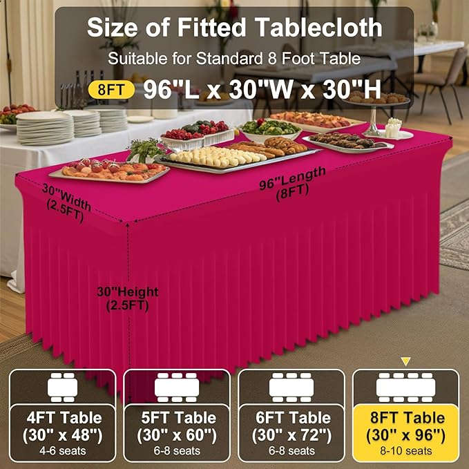 Smiry Spandex Tablecloth, Elastic Fitted Stretch Tablecloth for 8FT Rectangle Tables, Waterproof Washable Table Cover Skirt for Outdoor, Wedding, Banquet & Parties (Fuchsia, 96Lx30Wx30H Inch)