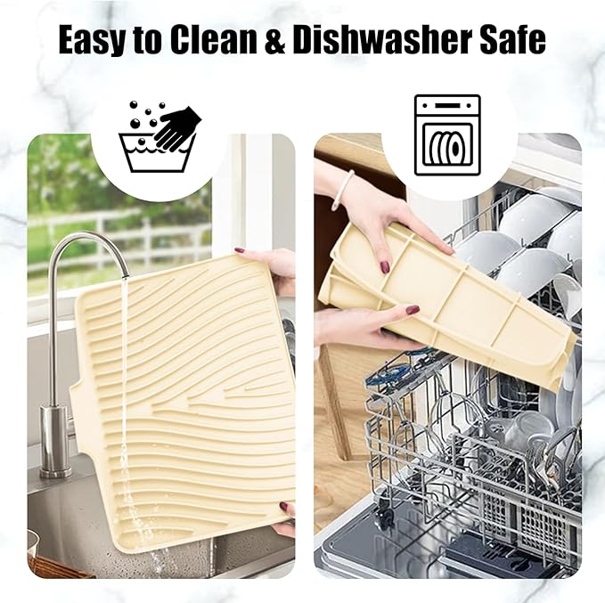 Silicone Dish Drying Mat for Kitchen Counter, Dish Drying Pad, Non-Slip Drain Pad with Built-in Drain, Heat Resistant Stone Drying Mat(Yellowish 16" x 12")
