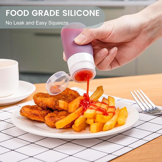 MICEBAY Condiment Squeeze Bottles for Sauces, 2-oz Mini Silicone Salad Dressing Container to Go with Reusable Sandwich Bag, Leakproof Ketchup Bottle for Bento Lunch Box, 4 Pack, Gray