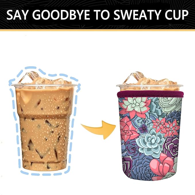 YR Reusable Neoprene Insulator Sleeve for Iced Coffee Cups, 3 Pack Coffee Coolies sleeves for Iced & Hot Drinks, Cold Beverage Cooler Compatible with Starbucks Coffee and More (Succulent)