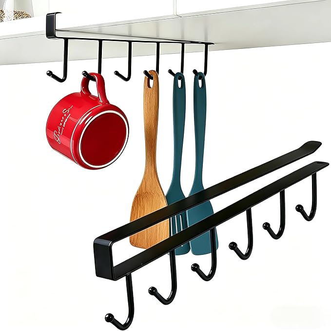 Adhesive Mug Holder Under Cabinet No Drilling Clip-On Cooking Utensil Holder with 6 Kitchen Hooks Space Saving Utensil Holder for Kitchen Counter Wall Hooks for Hanging Spatula Spoon Towel