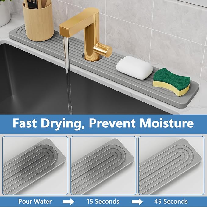 24'' Longer Faucet Mat for Kitchen Sink [Diatomite Stone Super Fast Drying] Stone Faucet Mat for Kitchen Sink Splash Guard Sink Stone Quick Dry around Faucet Stone Drying Mat Bathroom Quick Drying Mat