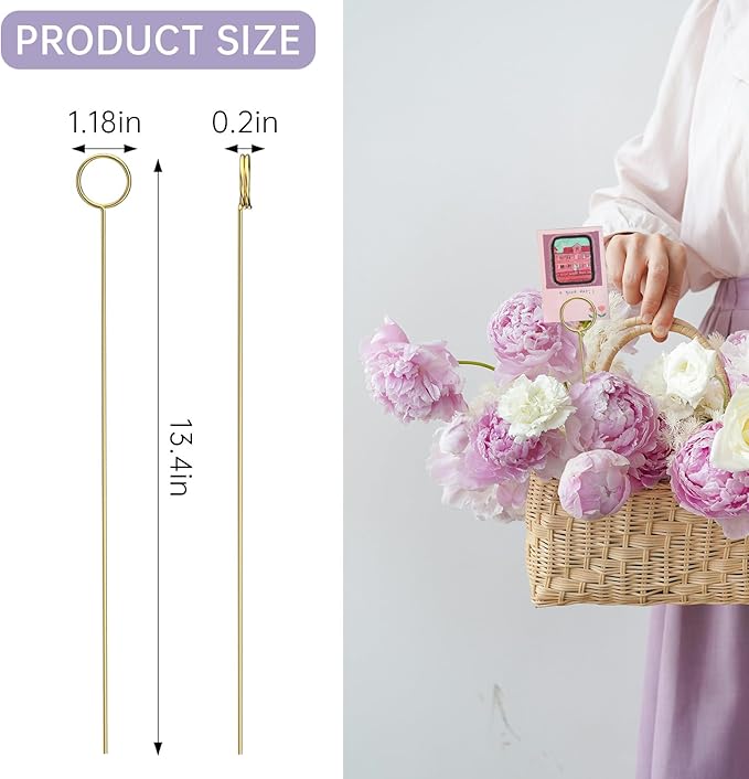 30 Pack Strong Grip Gold Floral Card Holder Picks, 13.4 Inch Premium Metal Flower Picks for Table Centerpieces, Picture Holders for Tables, Photo Card Holder Sticks for Flower Arrangements