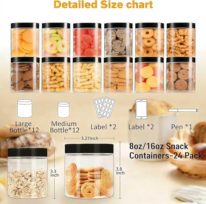 Large & Small Plastic Jars Combo (24 Pack) 12 Large 16 oz & 12 Small 8 oz Leak-Proof Clear Containers with Lids, Mason Jars, Perfect for Storing Spices, Cookie, Candy, and Dry Food, Empty Jars