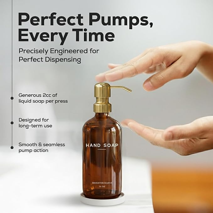 Luxury Glass Hand Soap Dispenser Bathroom Set by Brighter Barns - Refillable Liquid Hand Soap Dispenser Set for Kitchen - Gold Bathroom Decor and Accessories for Airbnb, Spa, Hotel, Gifts (Amber/Gold)