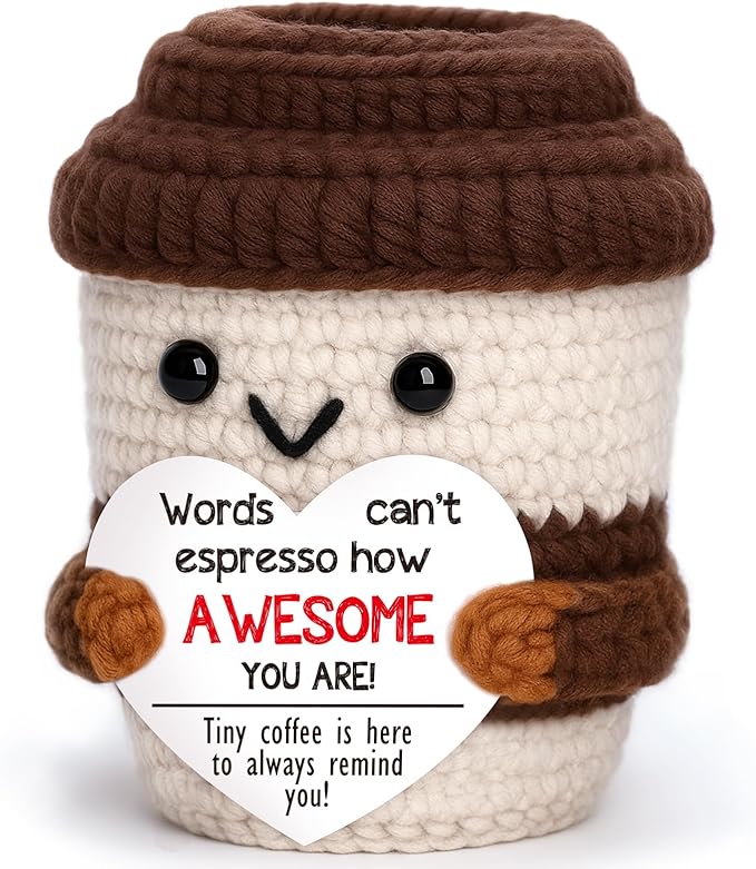 OCCdesign Mini Birthday Inspirational Gifts for Women Men Cheer Up Support Handmade Crochet Coffee Gift for Coworkers Friend Teachers Nurses Stress Relief Mental Health Self Care Office Gift