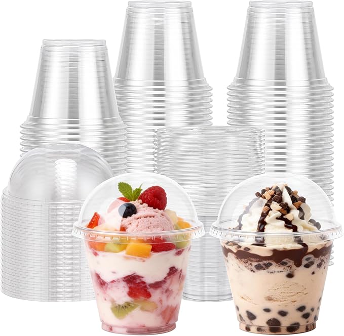 Lamosi 200 Pack 9 oz Clear Plastic Cups with Lids, Clear Disposable Cups with Dome Lids No Hole for Dessert, Parfait, Yogurt, Ice Cream or Cake