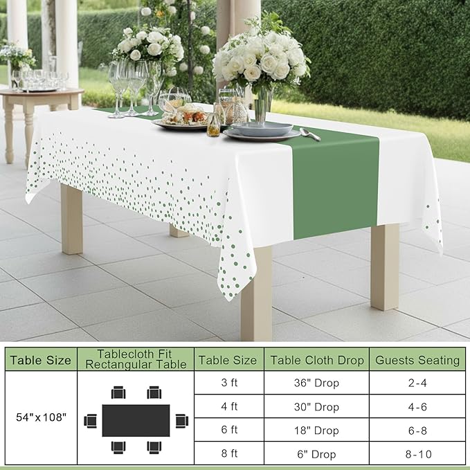 Smiry Plastic Table Cloth Disposable 8 Pack, 54 x 108 Inch Rectangle Waterproof Tablecloth, Printed Gold Table Runner Style for Birthday Weeding, Party, Leakproof & Sturdy, White and Sage Green