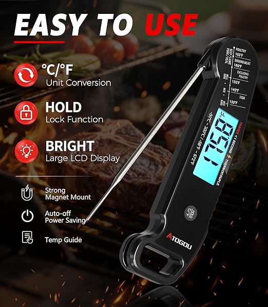 Atogou Professional Meat Thermometer Digital for Cooking Food, <1 Sec Instant Read & ±0.5℉ Accuracy, IP67 Waterproof, Thermocouple Sensor Probe, for Kithchen, BBQ, Grill, Black