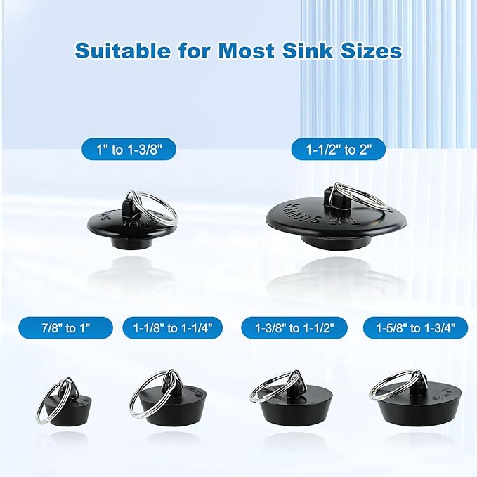 Hibbent 6 Pieces Drain Stopper, Rubber Kitchen Sink Stopper Drain Plug with Pull Ring for Kitchen, Bathtub, Bathroom and Laundry Sink in 6 Different Sizes, Black