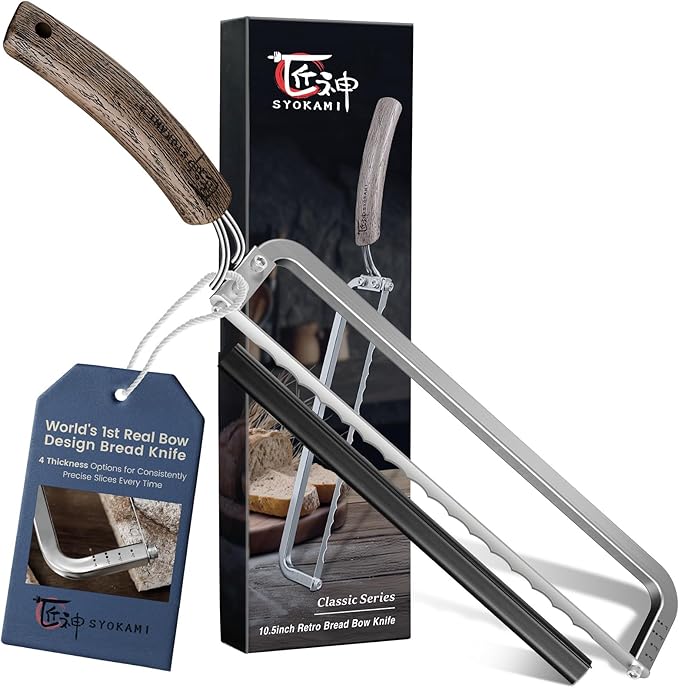 SYOKAMI Left-Handed Bread Knife for Homemade Bread, World's 1st Real Bow-Design Sourdough Bread Slicer, Razor-Sharp Cutter for Crusty Sourdough & Baguette, 4 Thickness Scale Marks, Ideal for Gift
