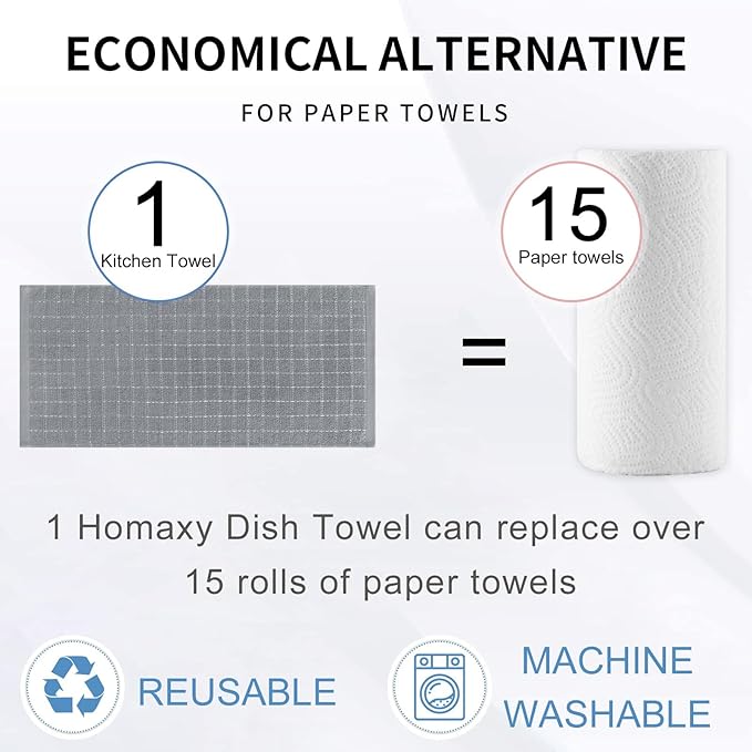 Homaxy 100% Cotton Terry Kitchen Towels(Grey, 13 x 28 inches), Checkered Designed, Soft and Super Absorbent Dish Towels, 8 Pack
