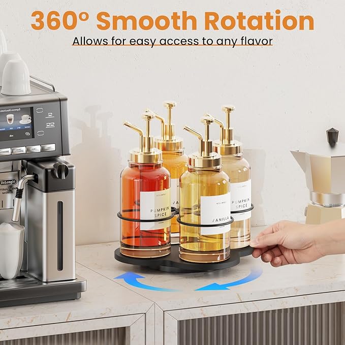 THYGIFTREE Rotating Coffee Syrup Organizer 4 Bottles Syrup Rack Dispenser16.9oz for Countertop Wood Bottle Holder Stand for Coffee Bar Station, Black