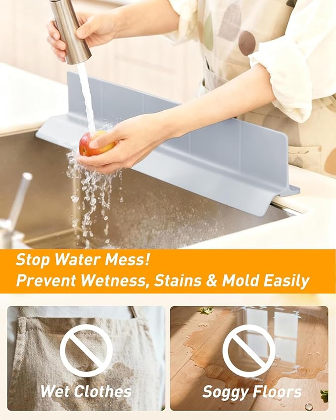 Kitchen Sink Splash Guard 18" Silicone Water Guard with Strong Suction Cups, Faucet & Countertop Protector, Bathroom & Sink Edge Splash Guard Strip, Easy Install, Dishwasher Safe-Grey
