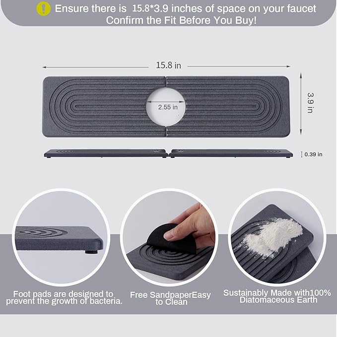 Stone Faucet Mat for Kitchen Sink，Super Absorbent Diatomite Fast Drying Stone and Bathroom Stone Tray for Counter Quick Drying Splash Guard,Prevents Moisture Buildup Sink(Dark Grey,15.8" x 3.9")