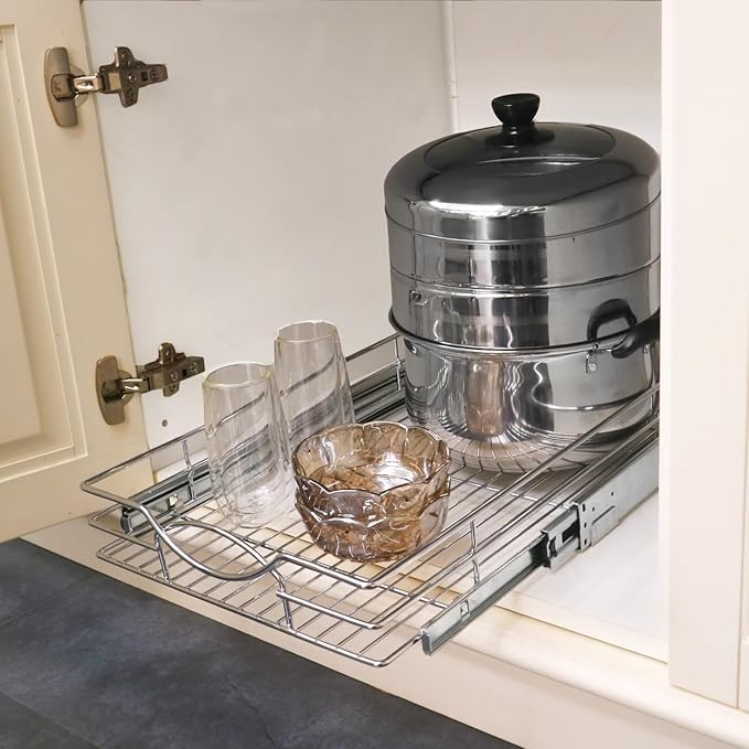 Sikarou Pull Out Cabinet Organizer 11" W x 21" D, Heavy Duty Kitchen Cabinet Pull Out Shelves, Slide Out Wire Basket for Kitchen Cabinets, Bathroom, Pantry, Chrome Finish