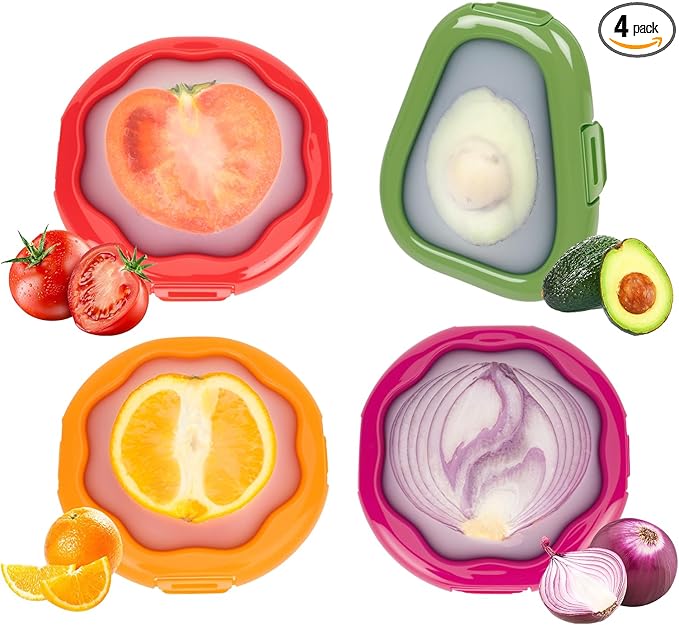 TQRR Avocado Saver and Onion Container-Set of 4 Reusable Silicone Fruit and Vegetable Storage Containers for fridge, Ideal for Apple, Tomatoes, Lemons, Orange and Potatoes