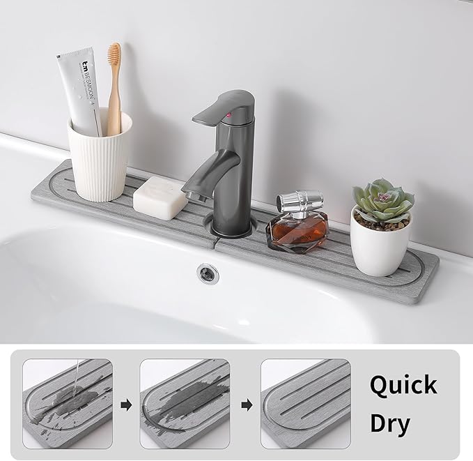 Stone Faucet Mat for Kitchen Sink, Diatomite Fast Drying Absorb Moisture Tray, Prevents Water Buildup, Durable Anti-slip Splash Guard Sink Protector (Dark Gray, 20“x4”)