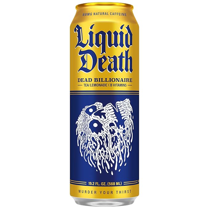 Liquid Death Iced Tea - Dead Billionaire (Black Tea/Lemonade), Less Sugar*, Boost of Caffeine, B Vitamins, No Artificial Sweeteners, King Size 19.2 Fl Oz (Pack of 12)