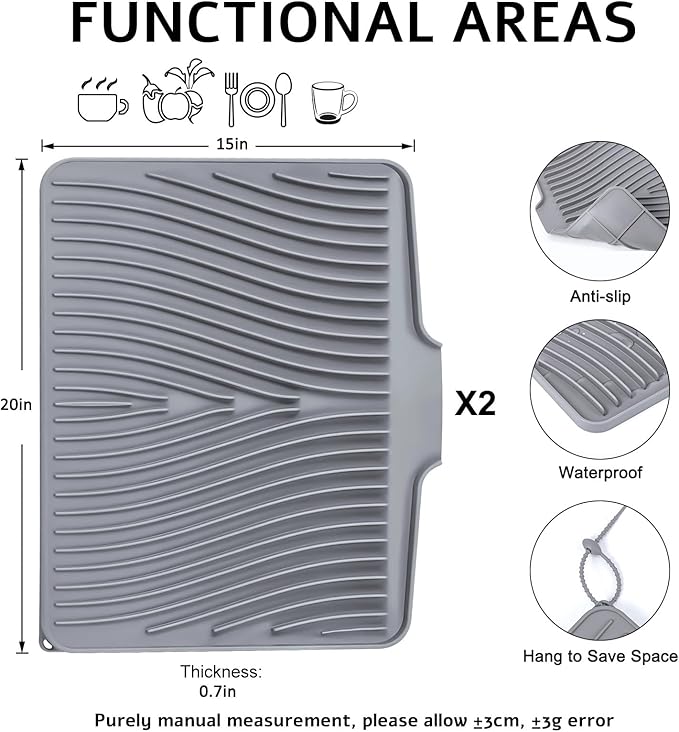 Silicone Dish Drying Mat, Stone Drying Mat for Kitchen Counter with Built-In Drain, Non-Slip Drain Pad with Built-in Drain, Heat Resistant Stone Drying Mat, Hangable, Grey-2pcs, 20" x 15"