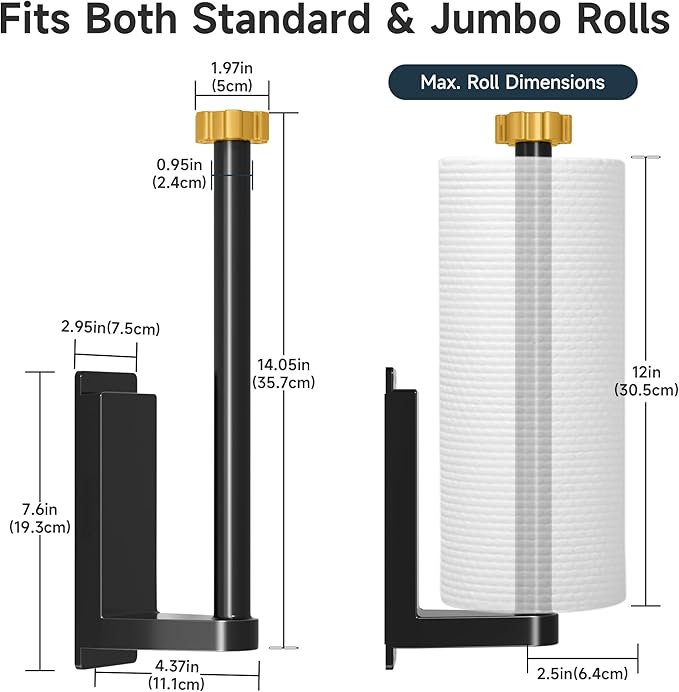 Magnetic Paper Towel Holder for Fridge Strong Magnet Black Kitchen Towel Holders Storage Organizer with Gold Nut for Refrigerator Grill Toolbox