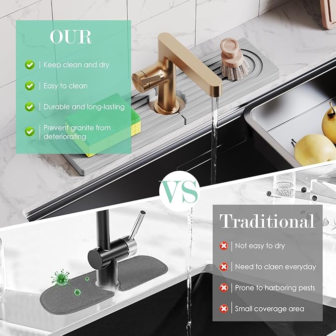 15.7 Inch Long Stone Faucet Mat for Kitchen Sink-Diatomite Quick Dry Kitchen Sink Splash Guard,Super Absorbent, Stone Quick Dry Around Faucet (Light Grey)