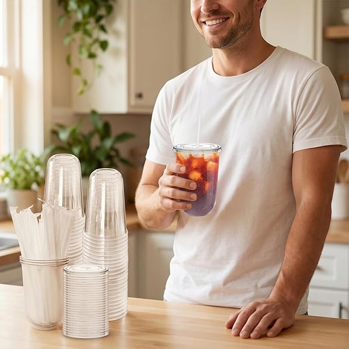 Alaeseje 50 Pack Clear Plastic Cups with Lids and Straws,20 oz Disposable Iced Coffee Cups,PET Crystal Cups,Round Bottom To Go Cup for Iced Coffee Juice Smoothie Cold Beverage