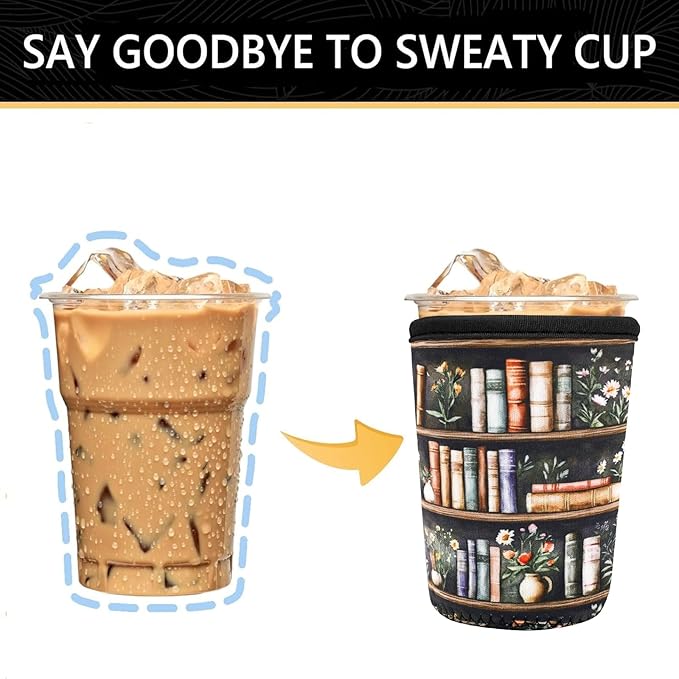 YR Reusable Neoprene Insulator Sleeve for Iced Coffee Cups, 3 Pack Coffee Coolies sleeves for Iced & Hot Drinks, Cold Beverage Cooler Compatible with Starbucks Coffee and More (Bookshelf & Flower)
